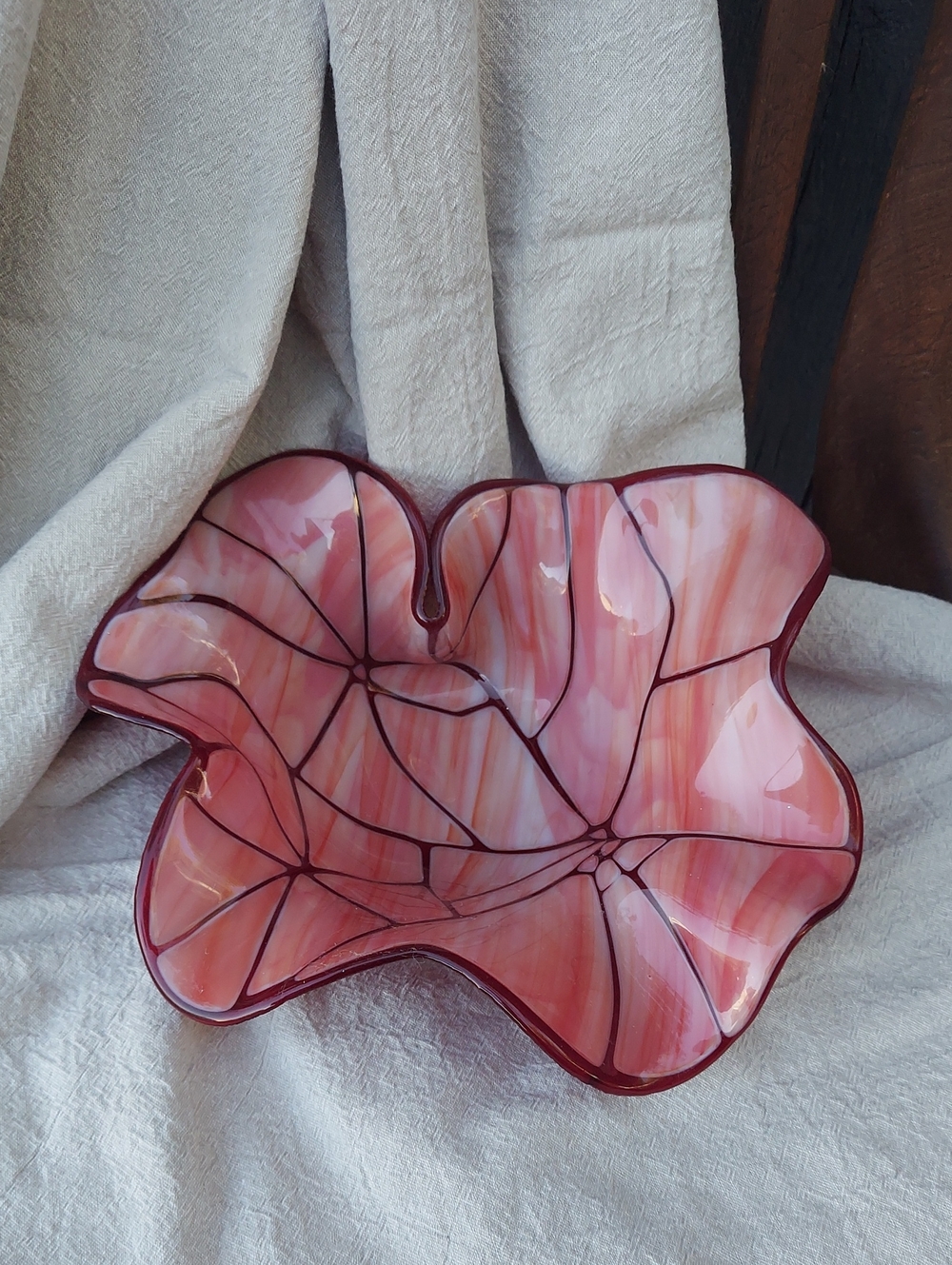 Fused Art Glass Leaf Bowl In Red With Wavy, Organic Rim